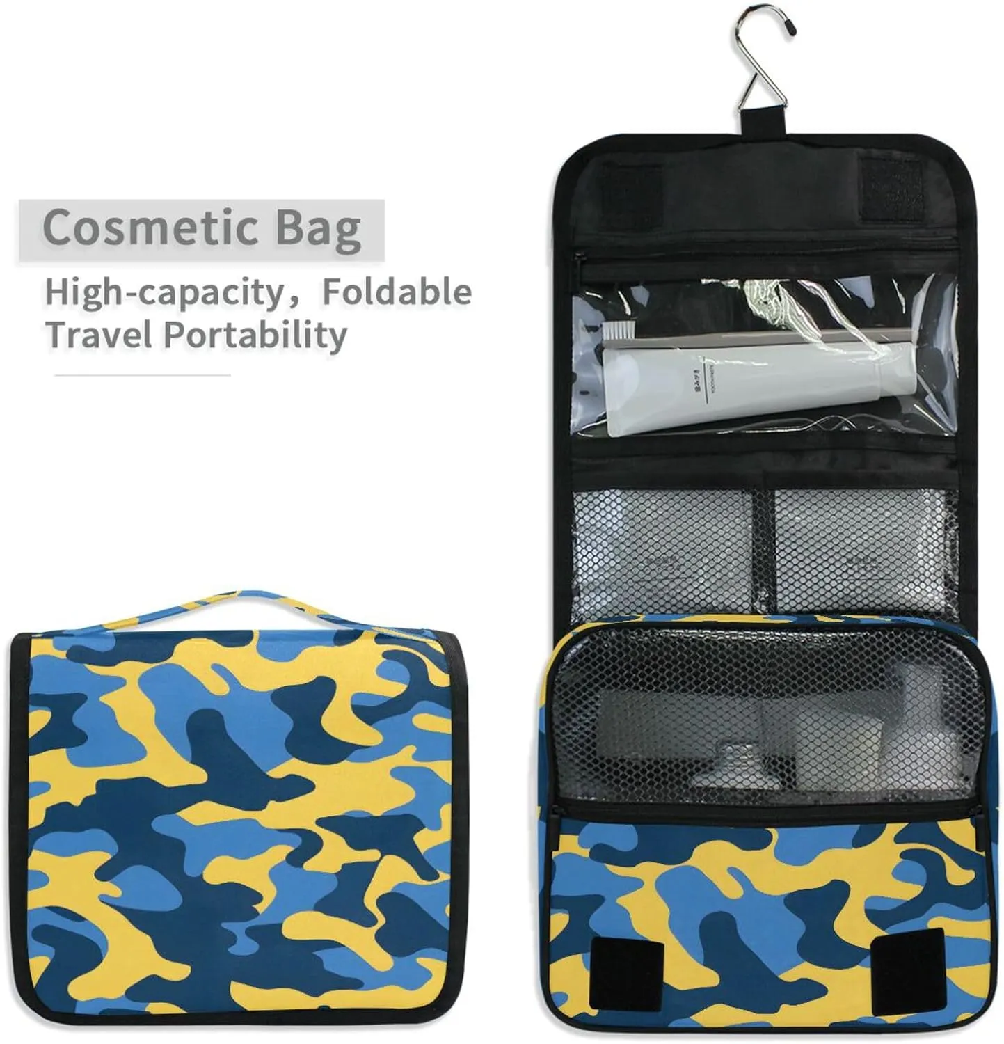 Hanging Toiletry Bag Blue and Yellow Camouflage Travel Makeup bag for Toiletries Portable Travel Toiletry Organizer Cosmetic Bags with Hanging Hook