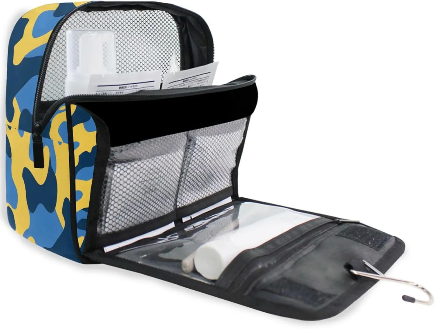 Hanging Toiletry Bag Blue and Yellow Camouflage Travel Makeup bag for Toiletries Portable Travel Toiletry Organizer Cosmetic Bags with Hanging Hook