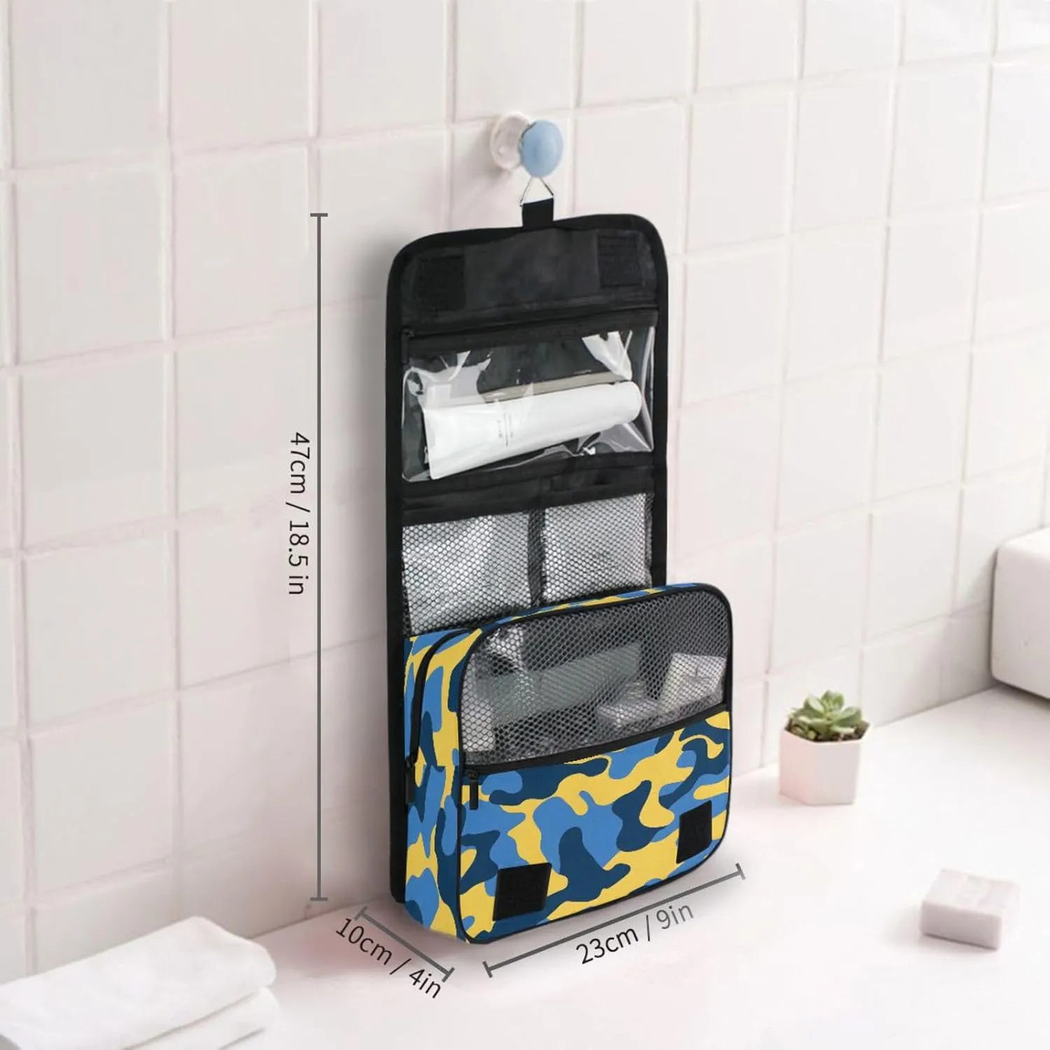 Hanging Toiletry Bag Blue and Yellow Camouflage Travel Makeup bag for Toiletries Portable Travel Toiletry Organizer Cosmetic Bags with Hanging Hook