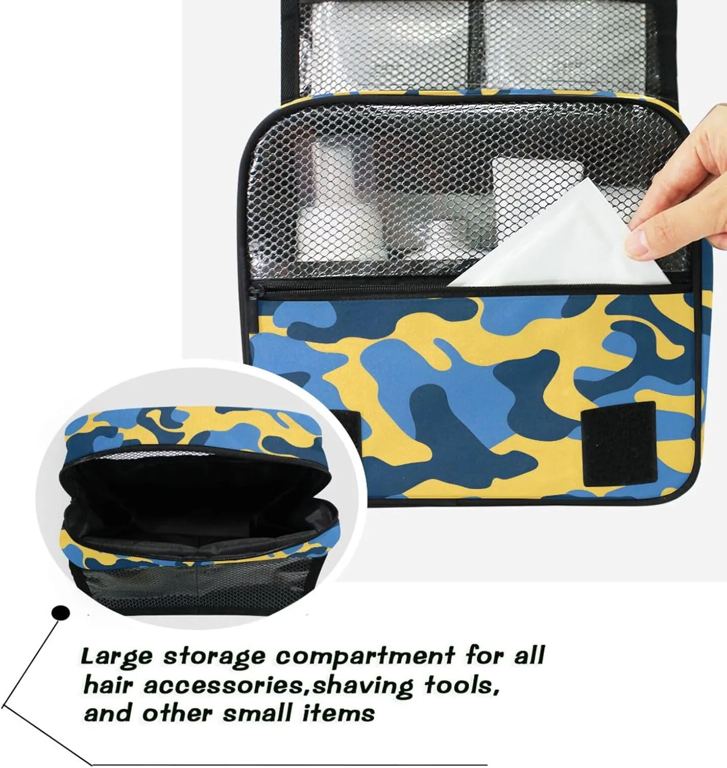 Hanging Toiletry Bag Blue and Yellow Camouflage Travel Makeup bag for Toiletries Portable Travel Toiletry Organizer Cosmetic Bags with Hanging Hook