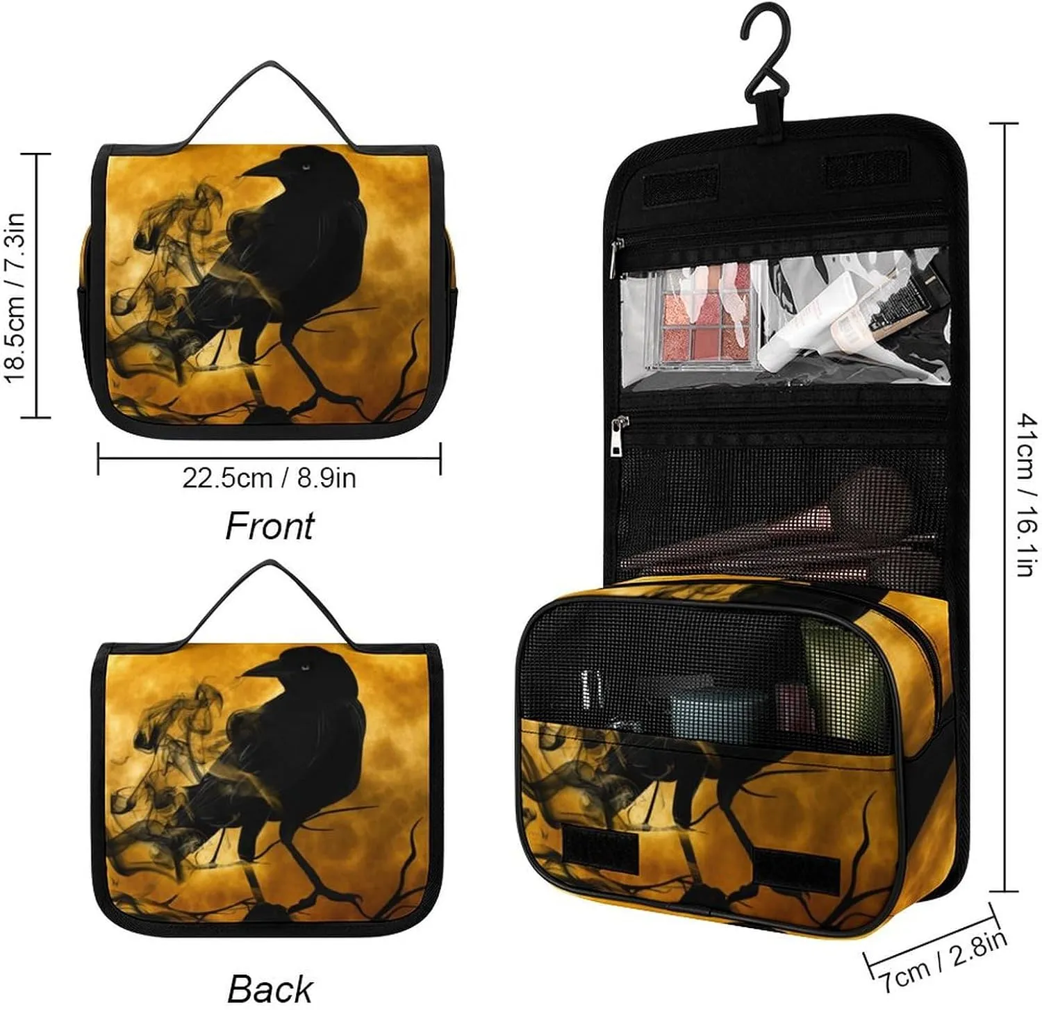 Hanging Toiletry Bag for Women, Full Moon Black Crow Raven Bird Travel Makeup Bag Organizer, Large Capacity Waterproof Cosmetic Storage Organizer for Bathroom