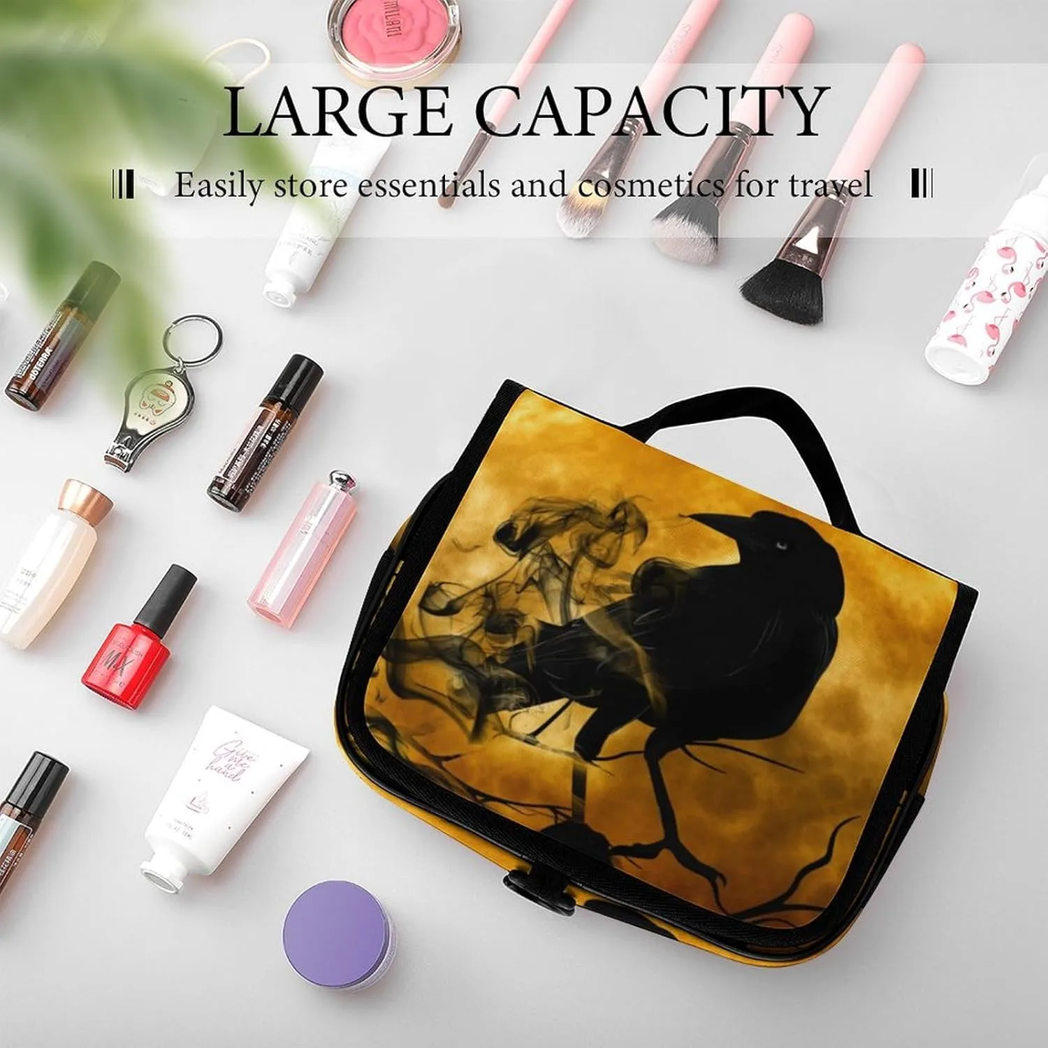Hanging Toiletry Bag for Women, Full Moon Black Crow Raven Bird Travel Makeup Bag Organizer, Large Capacity Waterproof Cosmetic Storage Organizer for Bathroom
