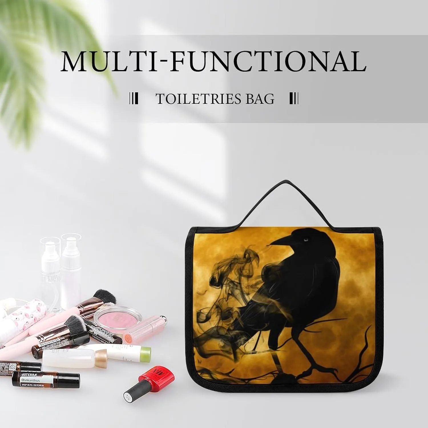 Hanging Toiletry Bag for Women, Full Moon Black Crow Raven Bird Travel Makeup Bag Organizer, Large Capacity Waterproof Cosmetic Storage Organizer for Bathroom