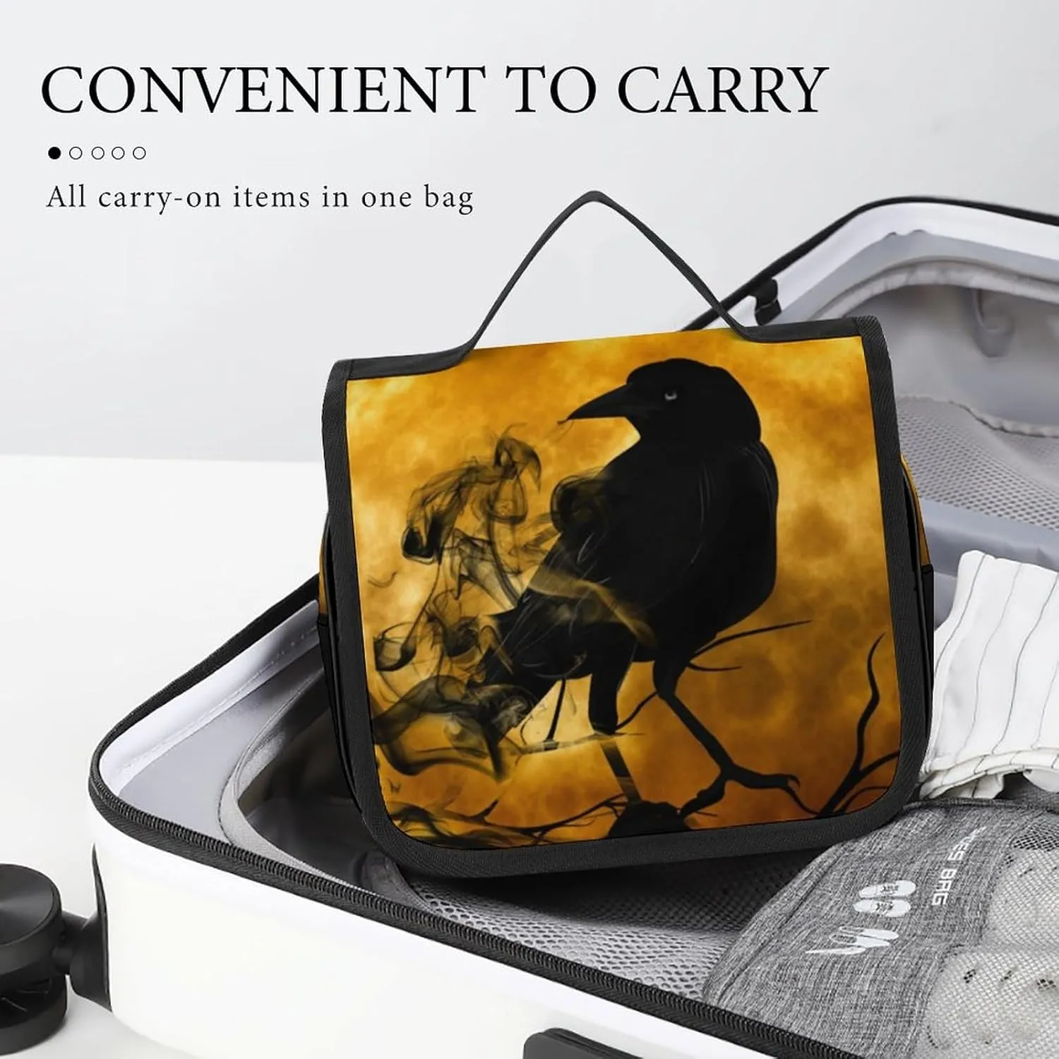 Hanging Toiletry Bag for Women, Full Moon Black Crow Raven Bird Travel Makeup Bag Organizer, Large Capacity Waterproof Cosmetic Storage Organizer for Bathroom