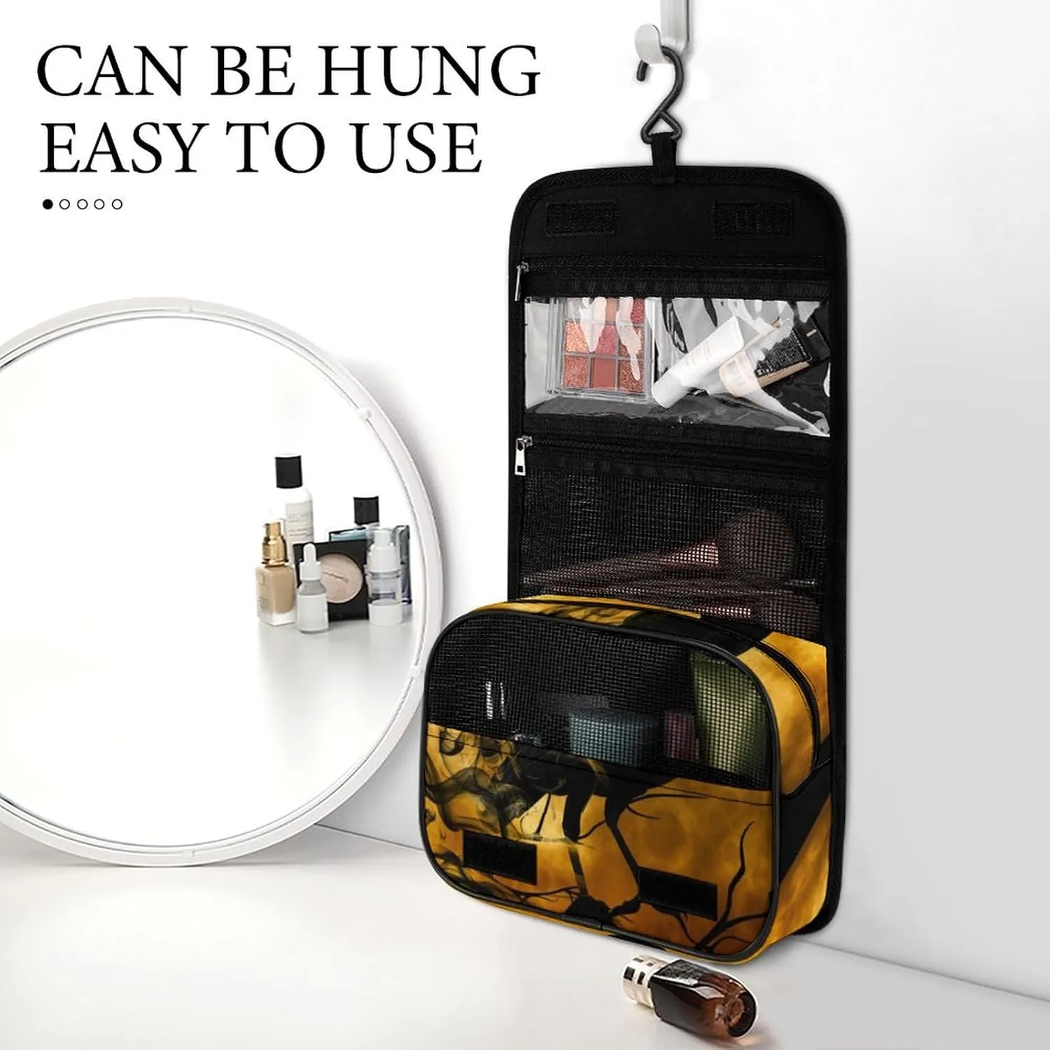 Hanging Toiletry Bag for Women, Full Moon Black Crow Raven Bird Travel Makeup Bag Organizer, Large Capacity Waterproof Cosmetic Storage Organizer for Bathroom