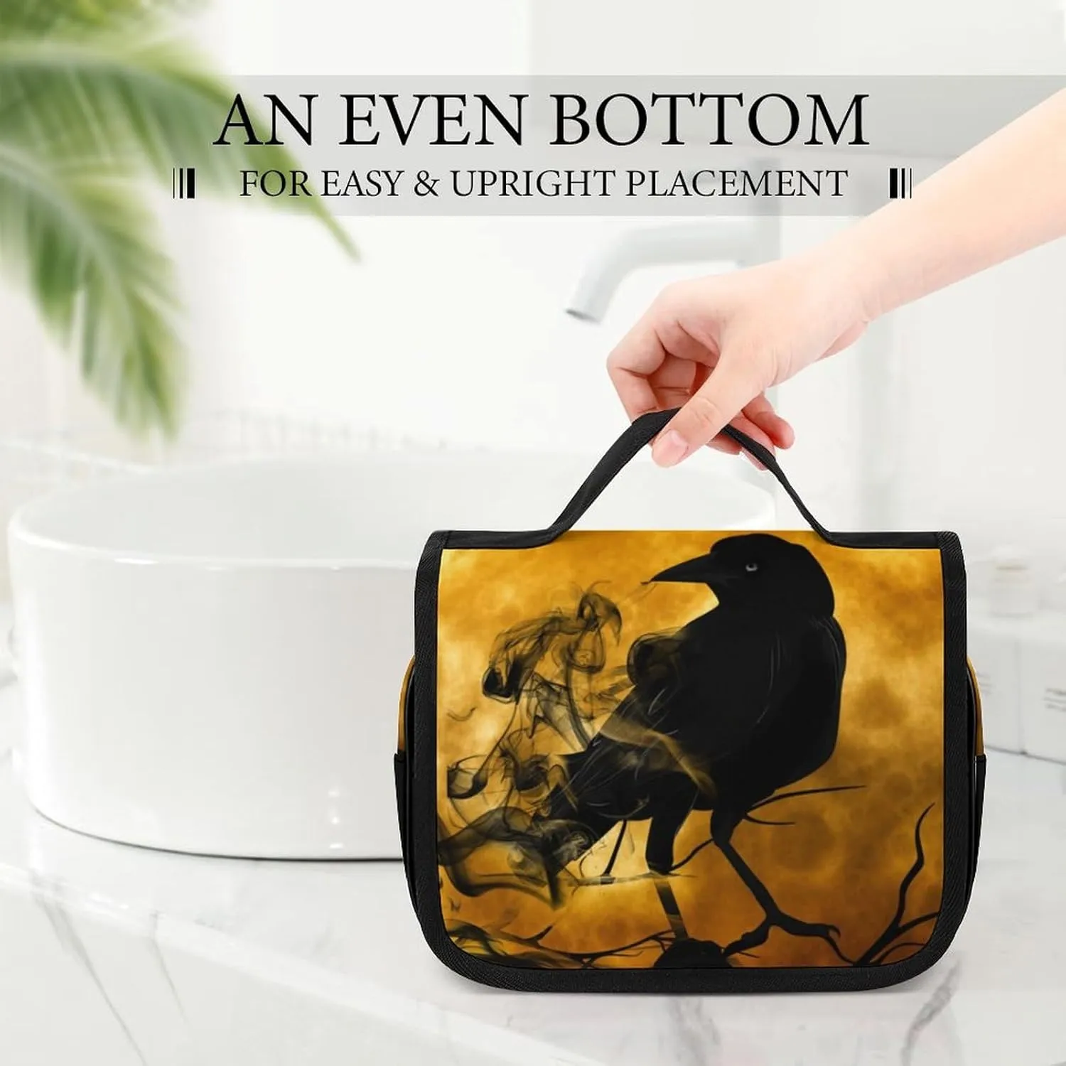 Hanging Toiletry Bag for Women, Full Moon Black Crow Raven Bird Travel Makeup Bag Organizer, Large Capacity Waterproof Cosmetic Storage Organizer for Bathroom