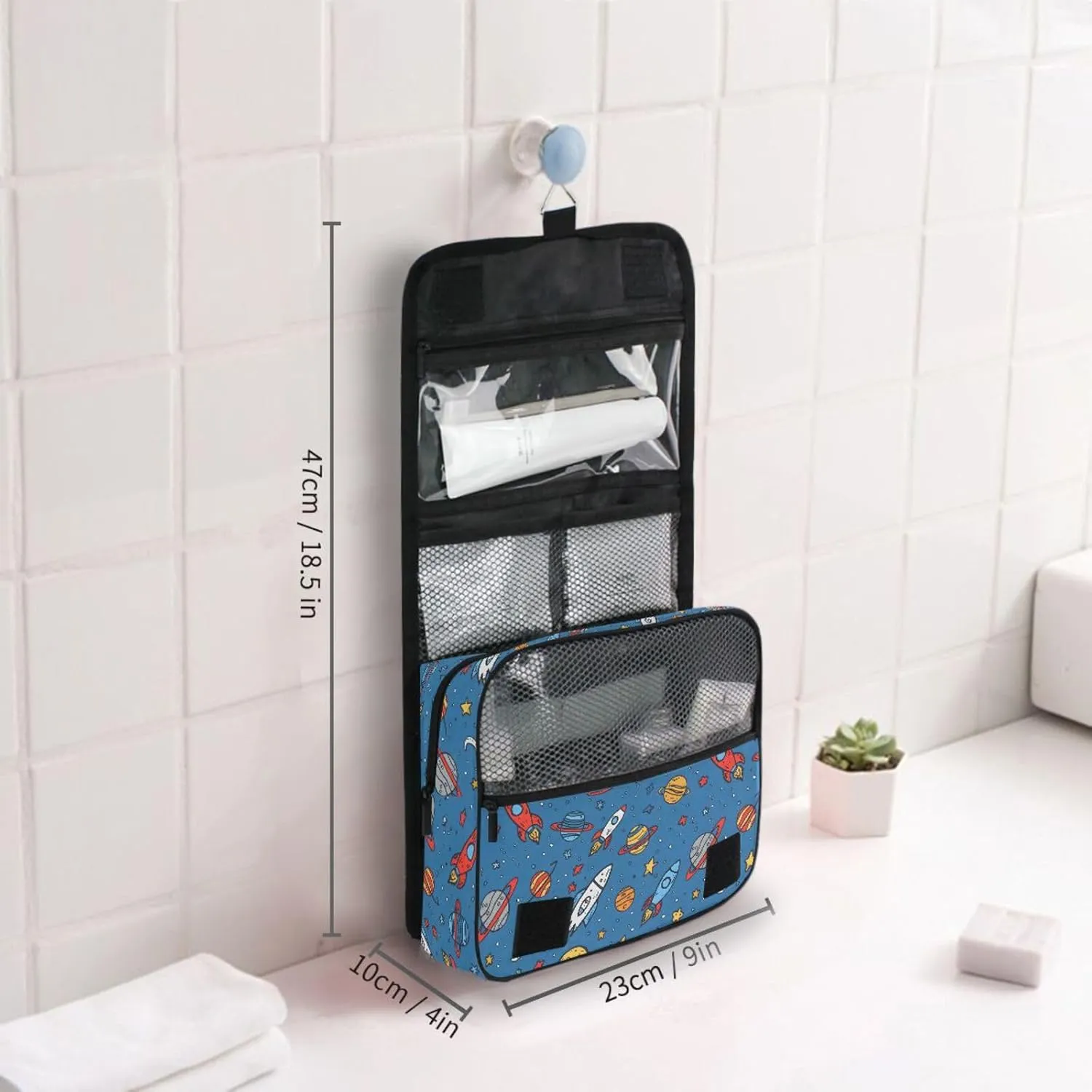 Hanging Toiletry Bag Planet Rocket Blue Travel Makeup bag for Toiletries Portable Travel Toiletry Organizer Cosmetic Bags with Hanging Hook