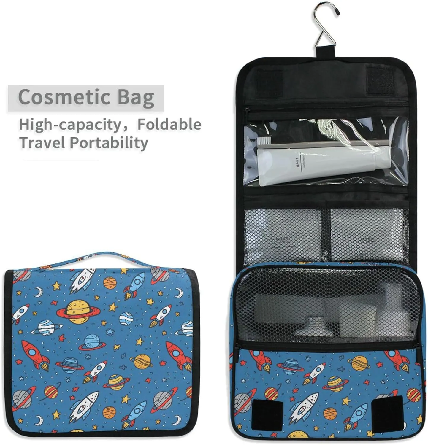 Hanging Toiletry Bag Planet Rocket Blue Travel Makeup bag for Toiletries Portable Travel Toiletry Organizer Cosmetic Bags with Hanging Hook