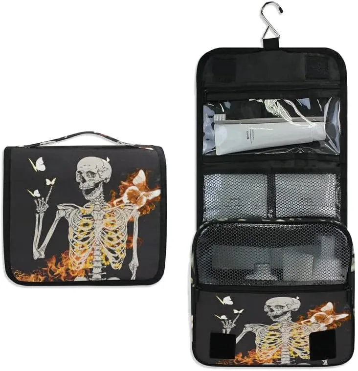 Hanging Toiletry Bag Skull Skeleton with Flame Butterfly Makeup Travel bag for Toiletries Portable Toiletry Organizer Bags Clear Toiletry Cosmetic Kit