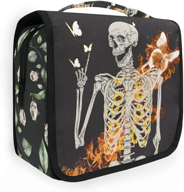 Hanging Toiletry Bag Skull Skeleton with Flame Butterfly Makeup Travel bag for Toiletries Portable Toiletry Organizer Bags Clear Toiletry Cosmetic Kit