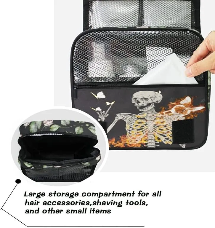 Hanging Toiletry Bag Skull Skeleton with Flame Butterfly Makeup Travel bag for Toiletries Portable Toiletry Organizer Bags Clear Toiletry Cosmetic Kit