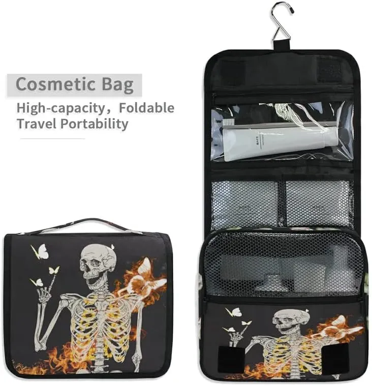 Hanging Toiletry Bag Skull Skeleton with Flame Butterfly Makeup Travel bag for Toiletries Portable Toiletry Organizer Bags Clear Toiletry Cosmetic Kit