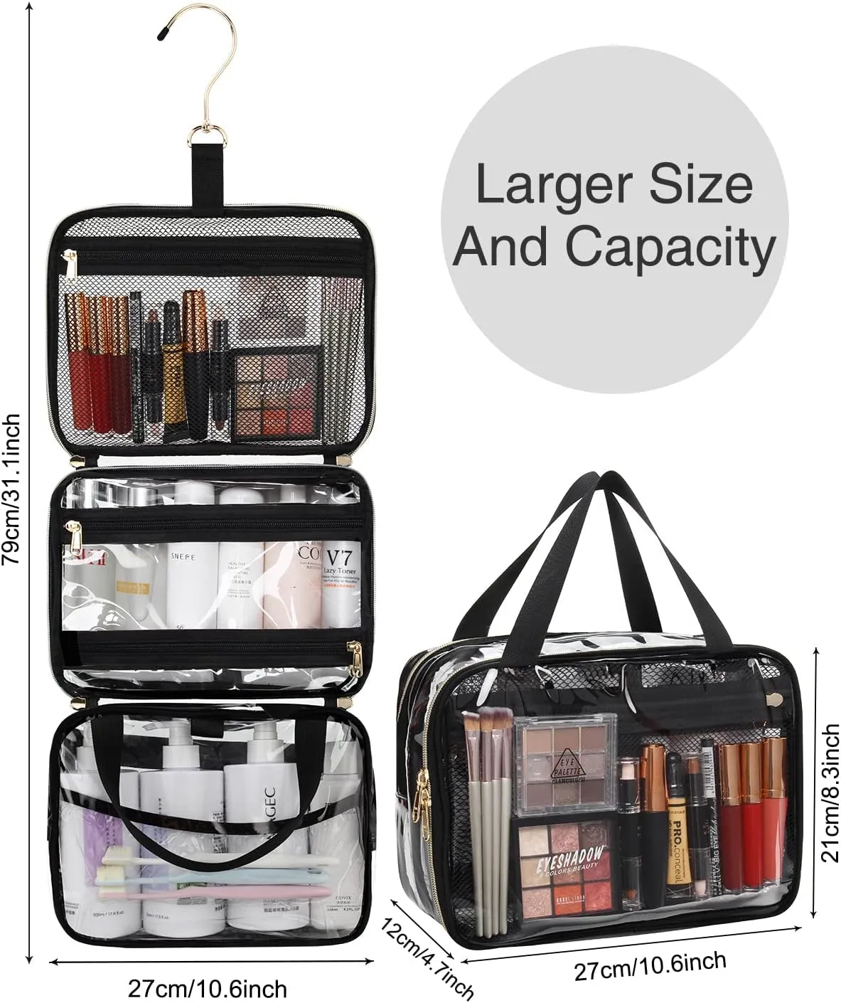 Hanging Toiletry Bag Travel Makeup Bag Clear TSA Toiletry Bag for Toiletries Full Sized Container Stand up Access to Toiletries for Women Men Makeup Organizer Case
