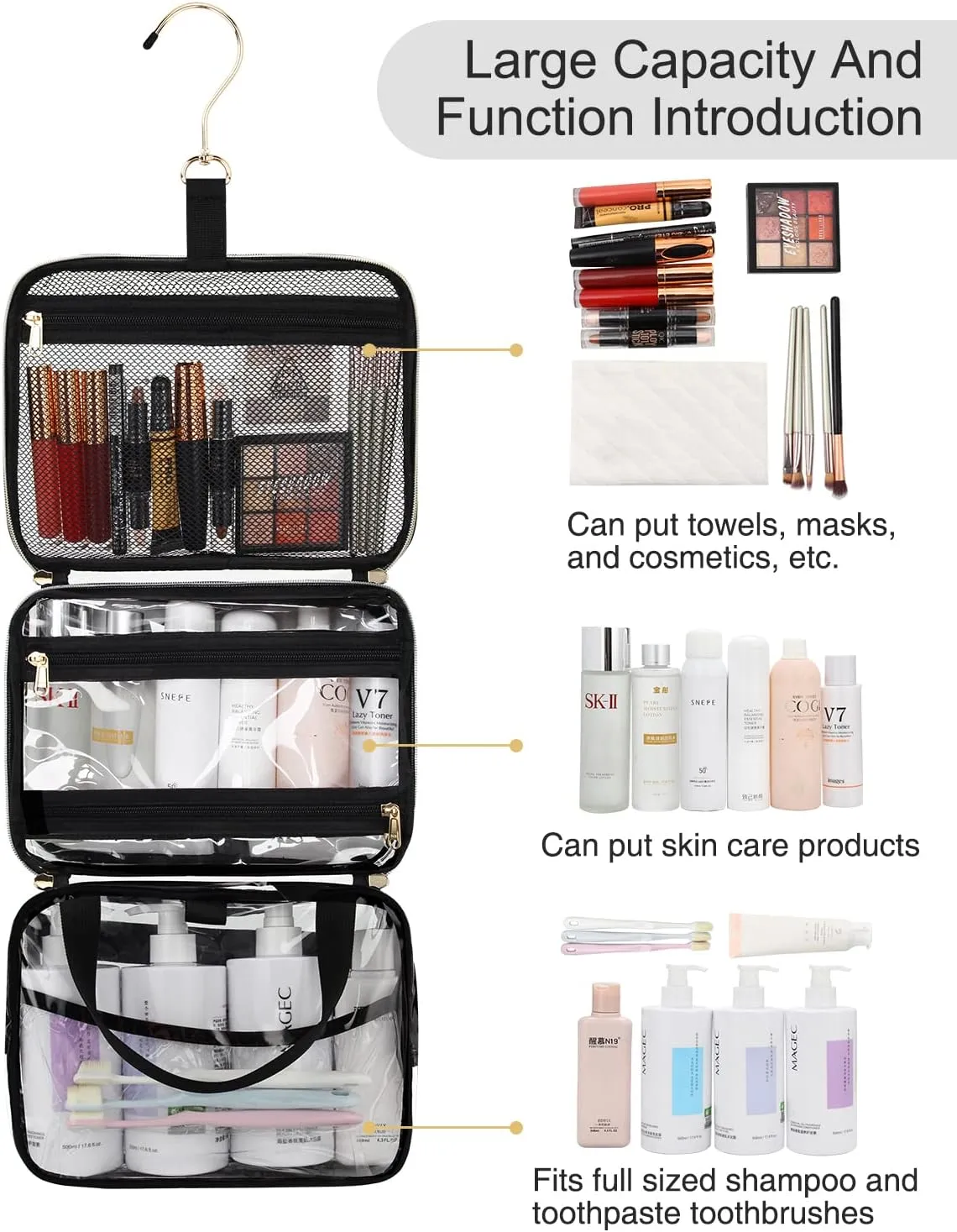 Hanging Toiletry Bag Travel Makeup Bag Clear TSA Toiletry Bag for Toiletries Full Sized Container Stand up Access to Toiletries for Women Men Makeup Organizer Case