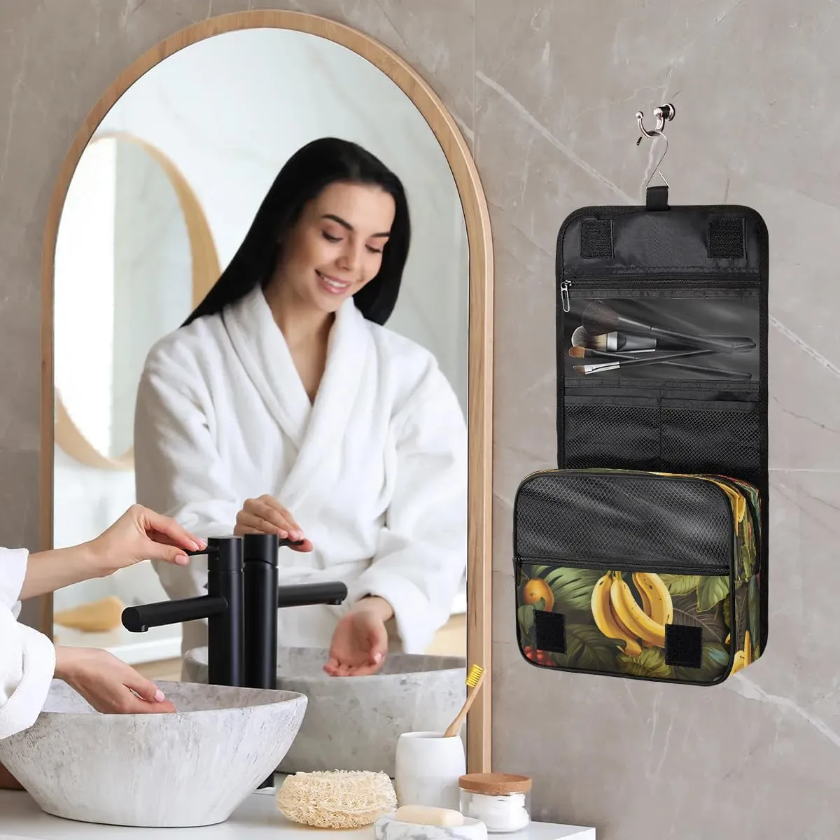 Hanging Travel Toiletry Bag Bananas Palm Leaves Toiletry Bags with Hanging Hook Portable Cosmetic Bag Makeup Organizer for Travel Business Trip