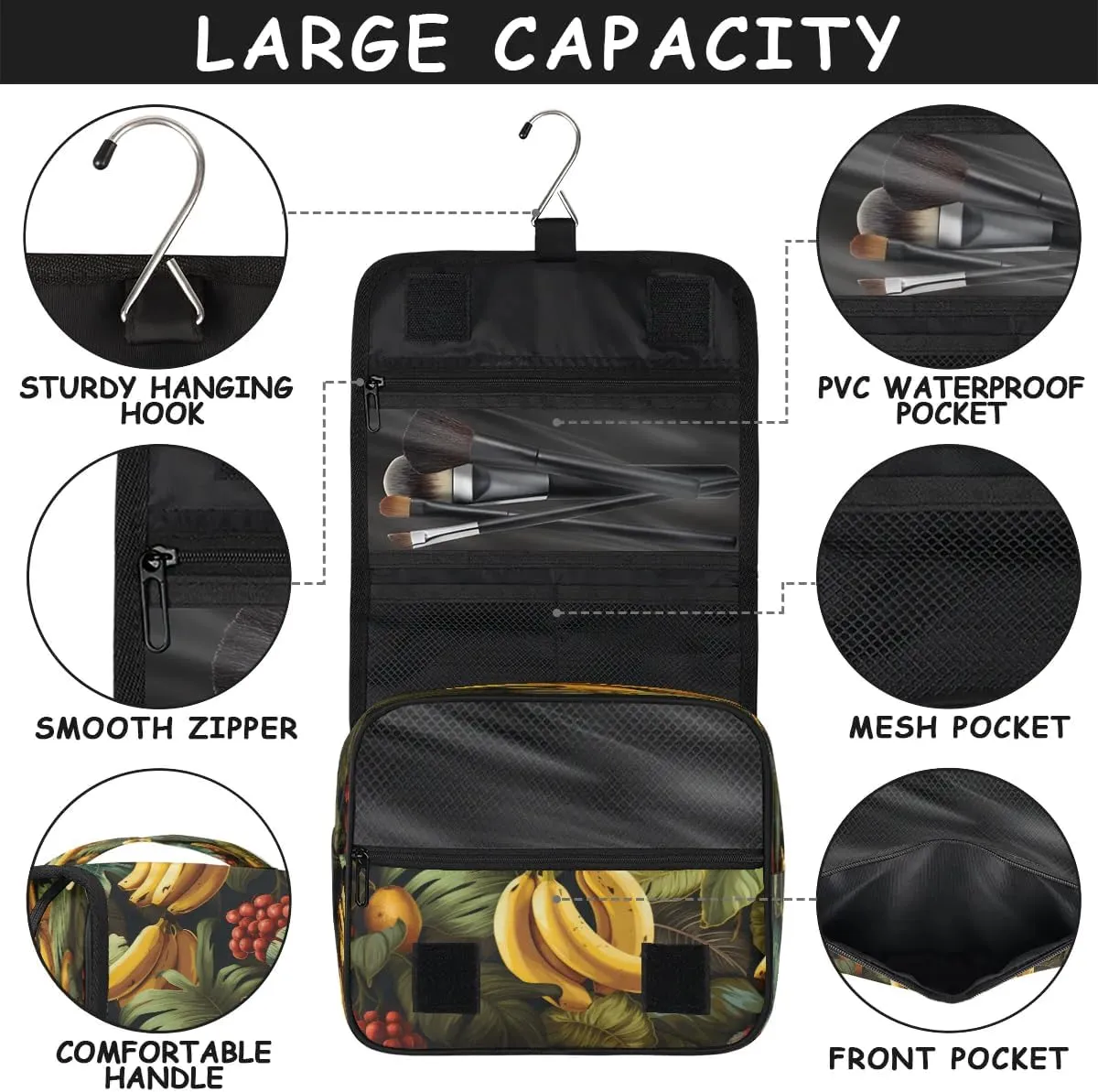 Hanging Travel Toiletry Bag Bananas Palm Leaves Toiletry Bags with Hanging Hook Portable Cosmetic Bag Makeup Organizer for Travel Business Trip