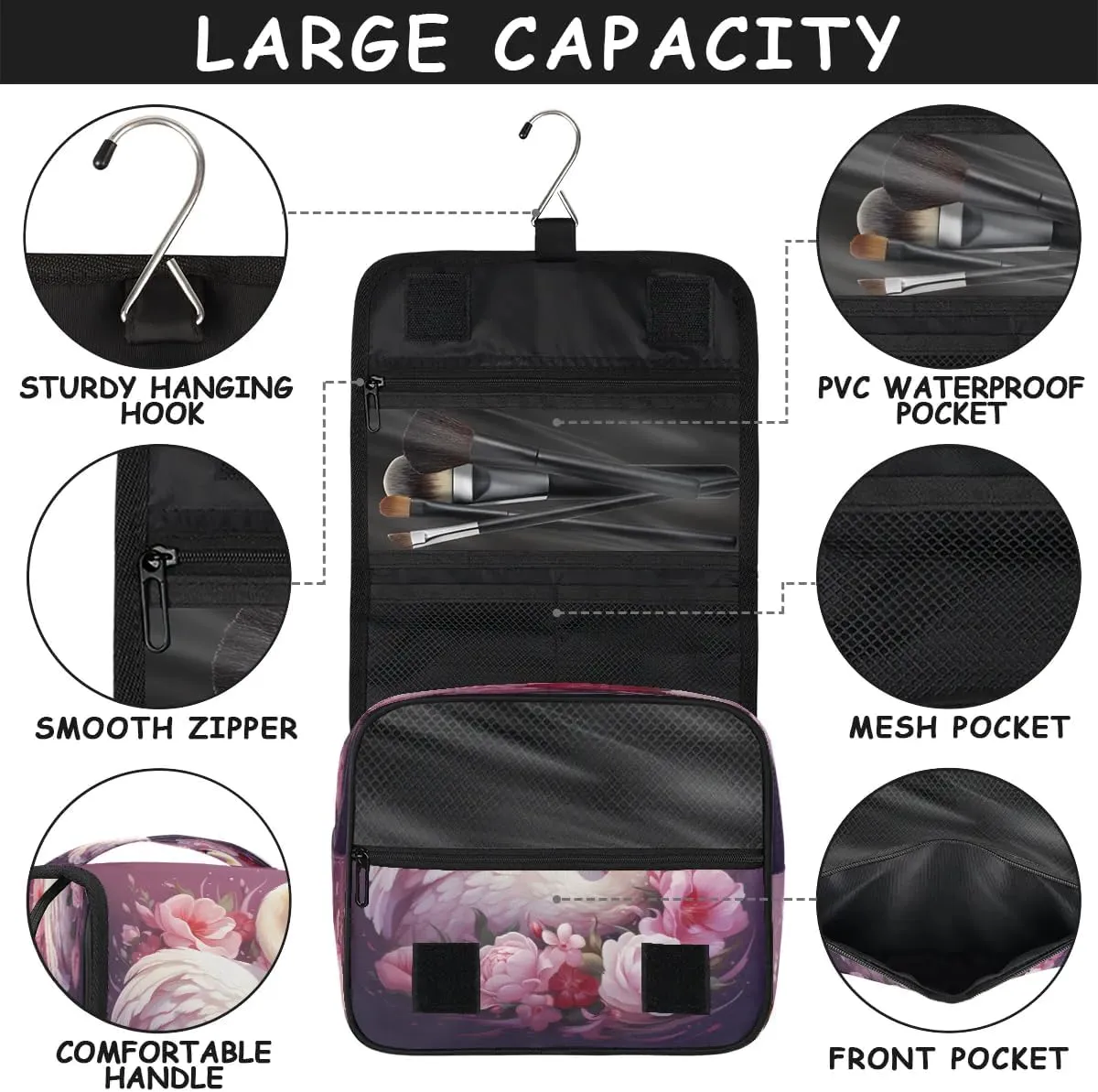 Hanging Travel Toiletry Bag Beautiful Swan Toiletry Bags with Hanging Hook Portable Cosmetic Bag Makeup Organizer for Travel Business Trip