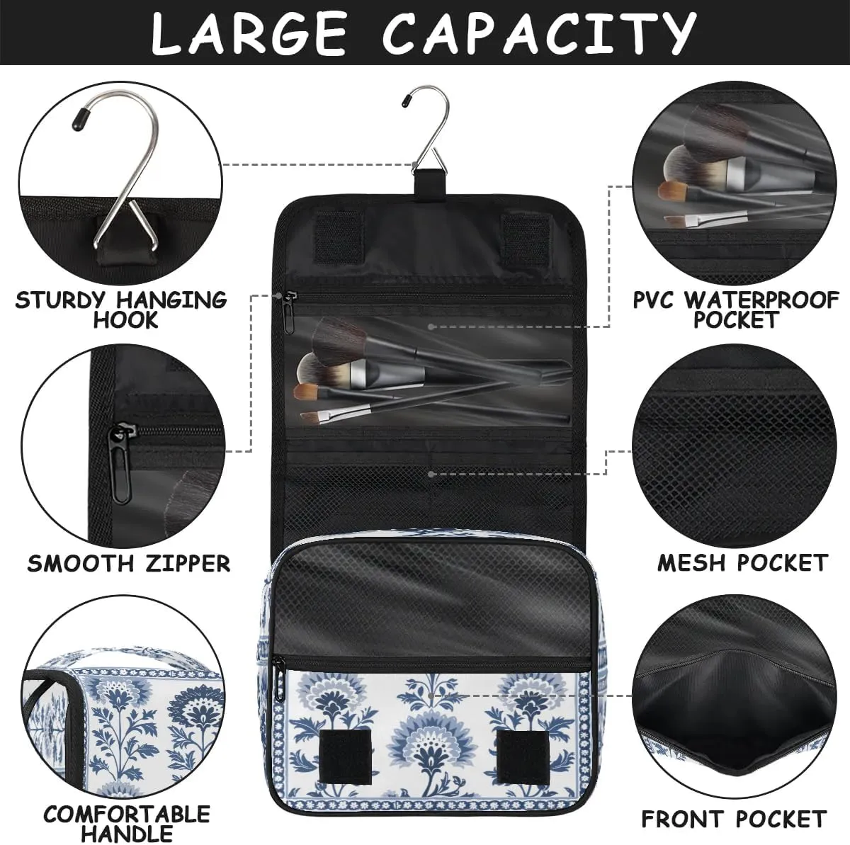 Hanging Travel Toiletry Bag Boho Flower Floral Toiletry Bags with Hanging Hook Portable Cosmetic Bag Makeup Organizer for Travel Business Trip