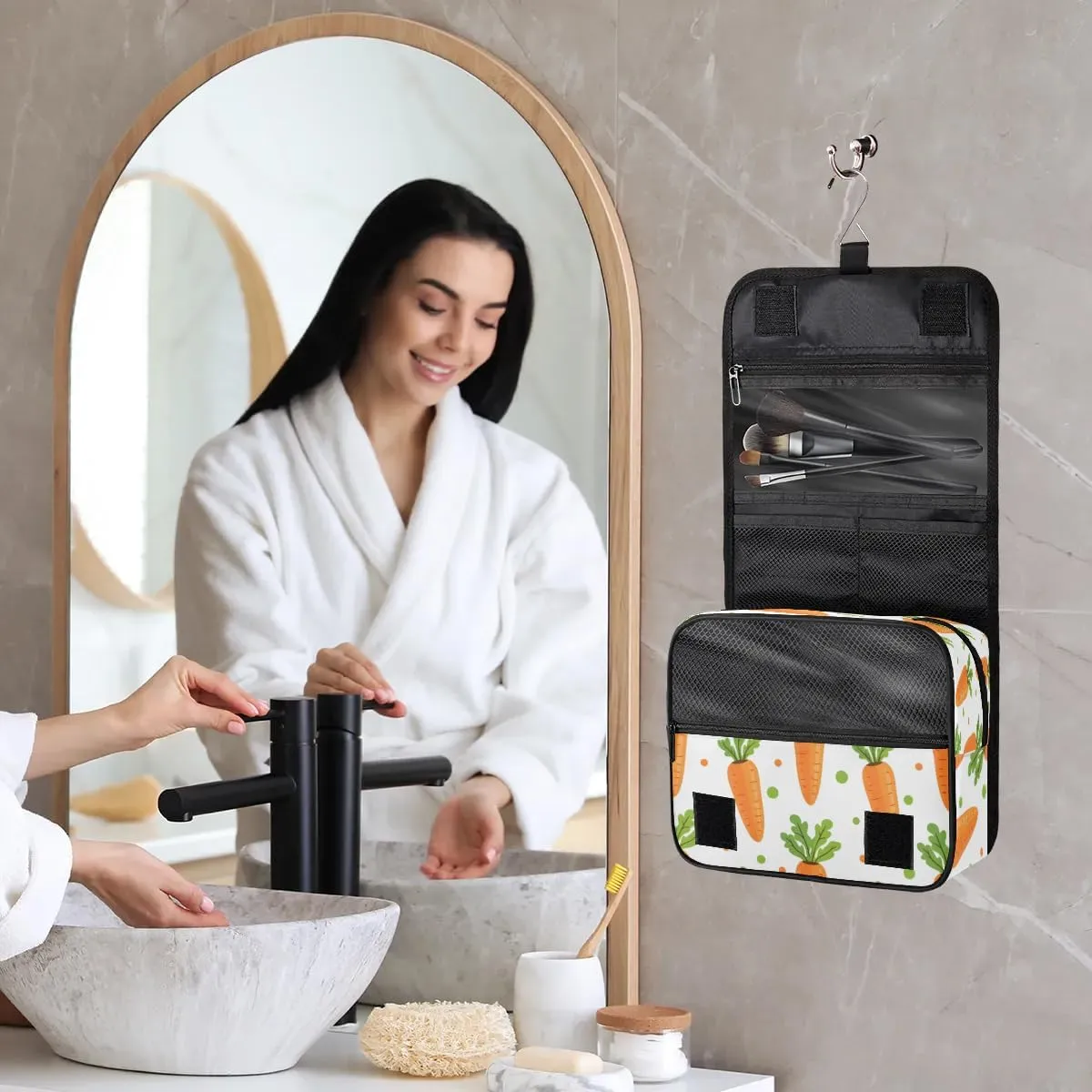 Hanging Travel Toiletry Bag Carrots Dots Toiletry Bags with Hanging Hook Portable Cosmetic Bag Makeup Organizer for Travel Business Trip