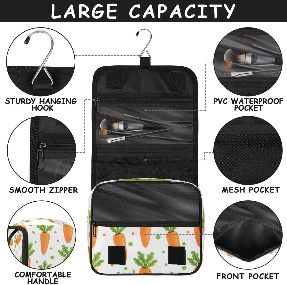 Hanging Travel Toiletry Bag Carrots Dots Toiletry Bags with Hanging Hook Portable Cosmetic Bag Makeup Organizer for Travel Business Trip