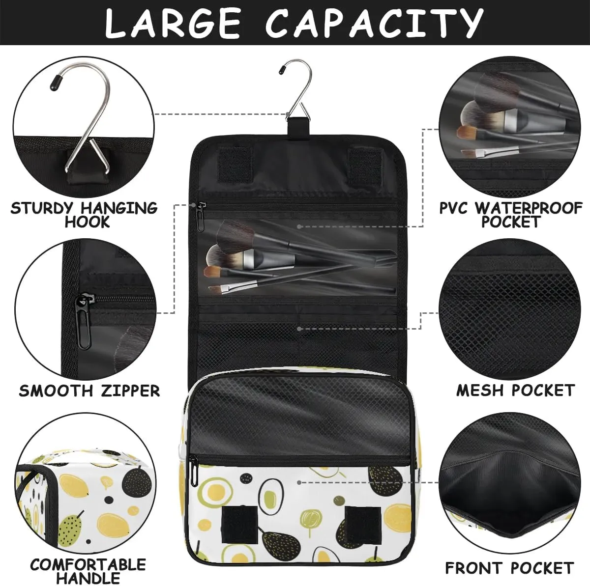 Hanging Travel Toiletry Bag Cute Avocado Toiletry Bags with Hanging Hook Portable Cosmetic Bag Makeup Organizer for Travel Business Trip