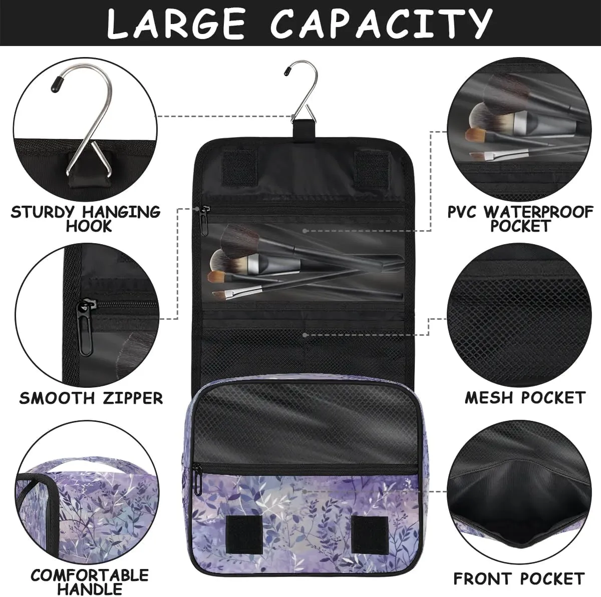 Hanging Travel Toiletry Bag Leaf Print Toiletry Bags with Hanging Hook Portable Cosmetic Bag Makeup Organizer for Travel Business Trip
