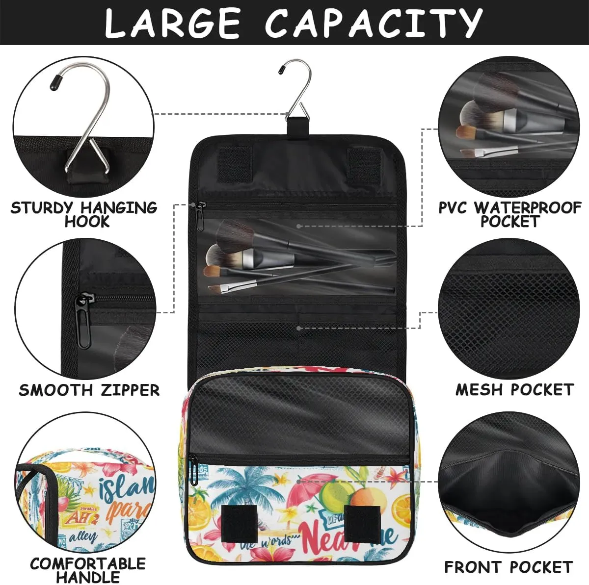 Hanging Travel Toiletry Bag Palm Tree Fruit Flower Toiletry Bags with Hanging Hook Portable Cosmetic Bag Makeup Organizer for Travel Business Trip
