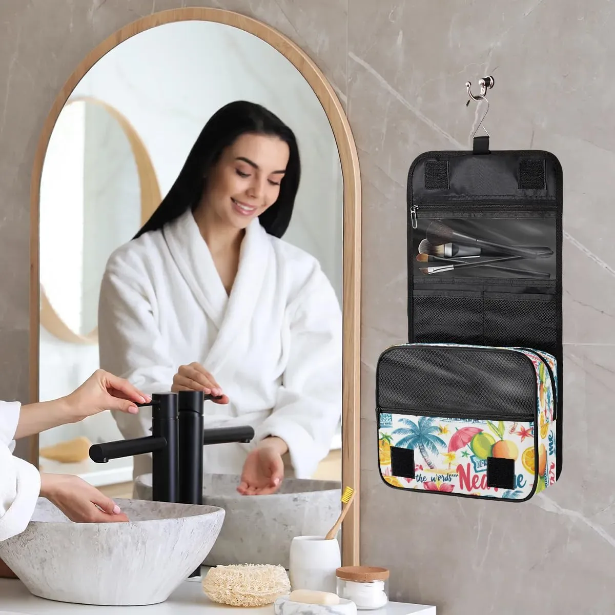 Hanging Travel Toiletry Bag Palm Tree Fruit Flower Toiletry Bags with Hanging Hook Portable Cosmetic Bag Makeup Organizer for Travel Business Trip