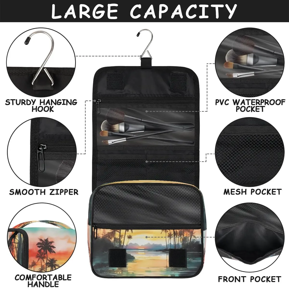Hanging Travel Toiletry Bag Palm Tree Toiletry Bags with Hanging Hook Portable Cosmetic Bag Makeup Organizer for Travel Business Trip