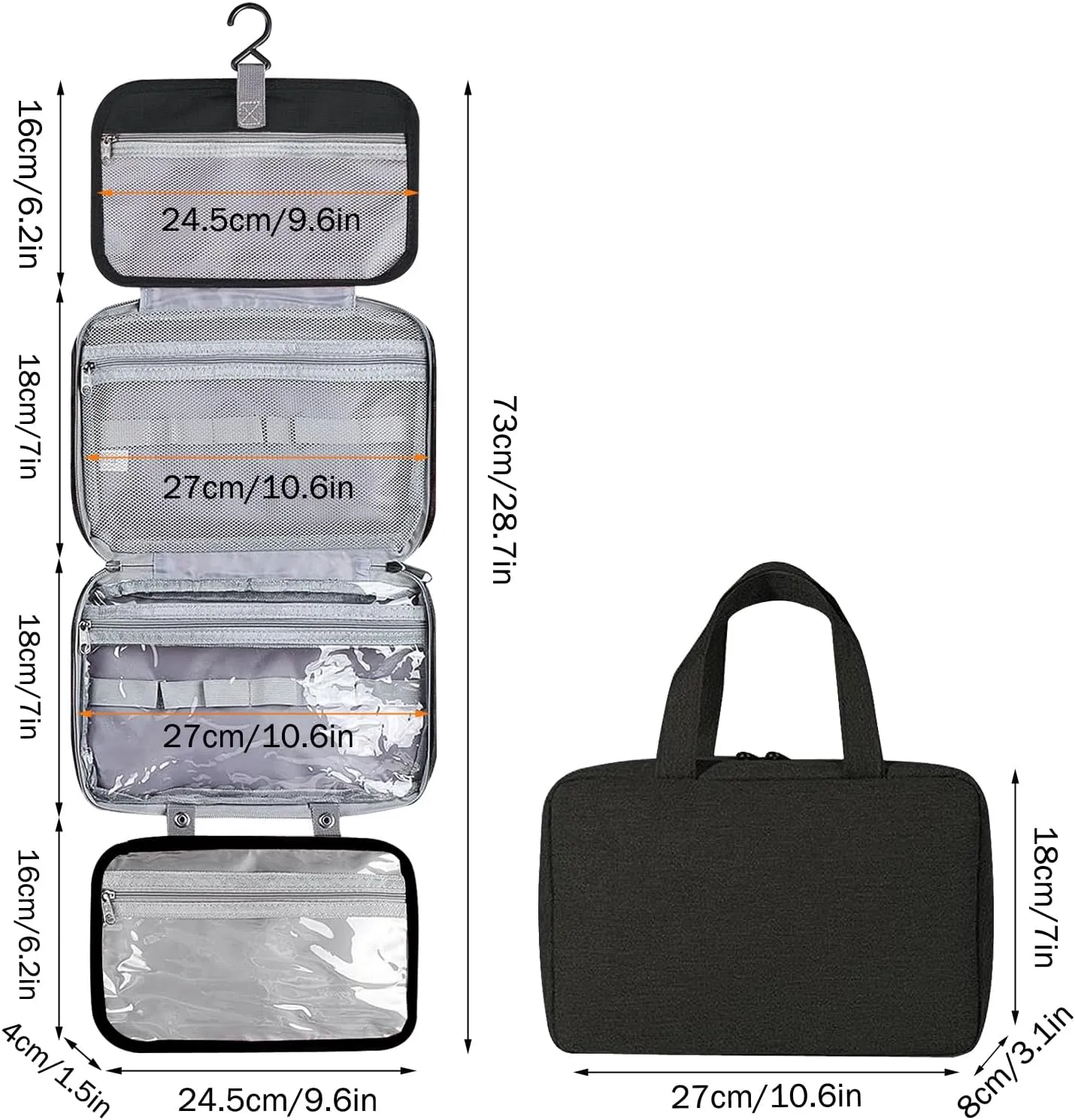 hanging travel toiletry bag with Hanging Hook,Water-resistant Makeup Cosmetic Bag Travel Organizer for Accessories,Portable Toiletry Travel Organizer Bag (Black, Large)
