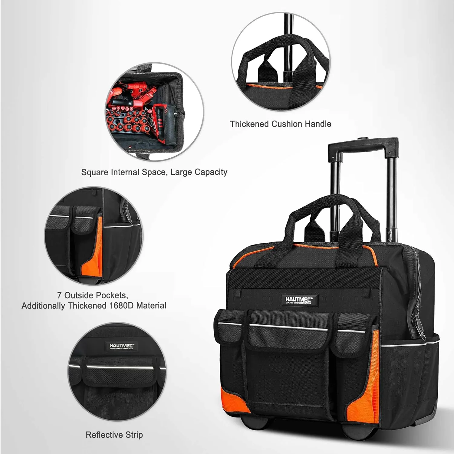 HAUTMEC 14.5" Rolling Tool Bag with Wheels, 25-Pocket Portable Tool Box Organizer with 600D Water-Resistant Fabric, Wide-Mouth Design, Oversized Wheels & Telescoping Handle - HT0353