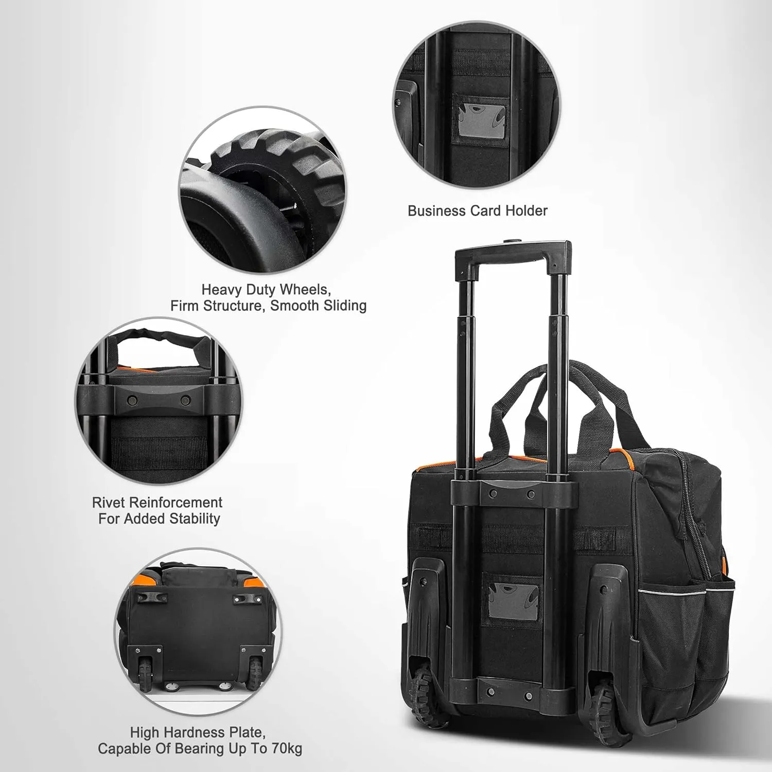 HAUTMEC 14.5" Rolling Tool Bag with Wheels, 25-Pocket Portable Tool Box Organizer with 600D Water-Resistant Fabric, Wide-Mouth Design, Oversized Wheels & Telescoping Handle - HT0353