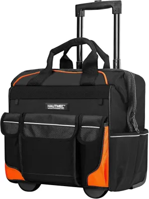 HAUTMEC 14.5" Rolling Tool Bag with Wheels, 25-Pocket Portable Tool Box Organizer with 600D Water-Resistant Fabric, Wide-Mouth Design, Oversized Wheels & Telescoping Handle - HT0353