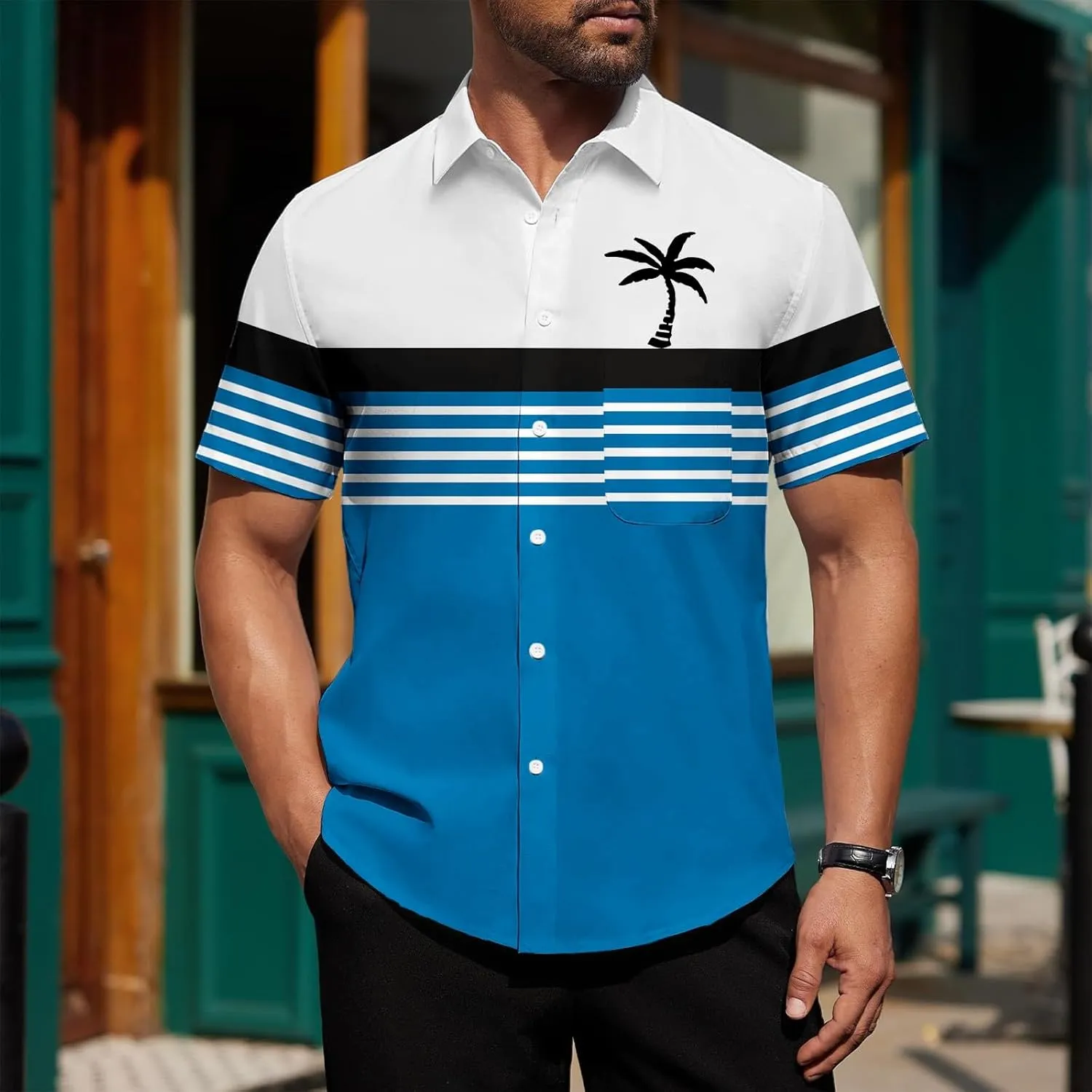 Hawaiian Shirt for Men Short Sleeve Button Down Collar Tops Tropical Coconut Tree Printed Holiday Beach Summer Shirts
