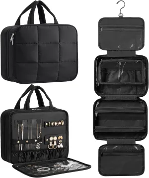 HBlife Travel Toiletry Bag with Jewelry Organizer for Women, Puffy Hanging Travel Bag for Toiletries with Trolley Belt, Waterproof Makeup Cosmetic Bag, Travel Accessories Essentials(Black, M)