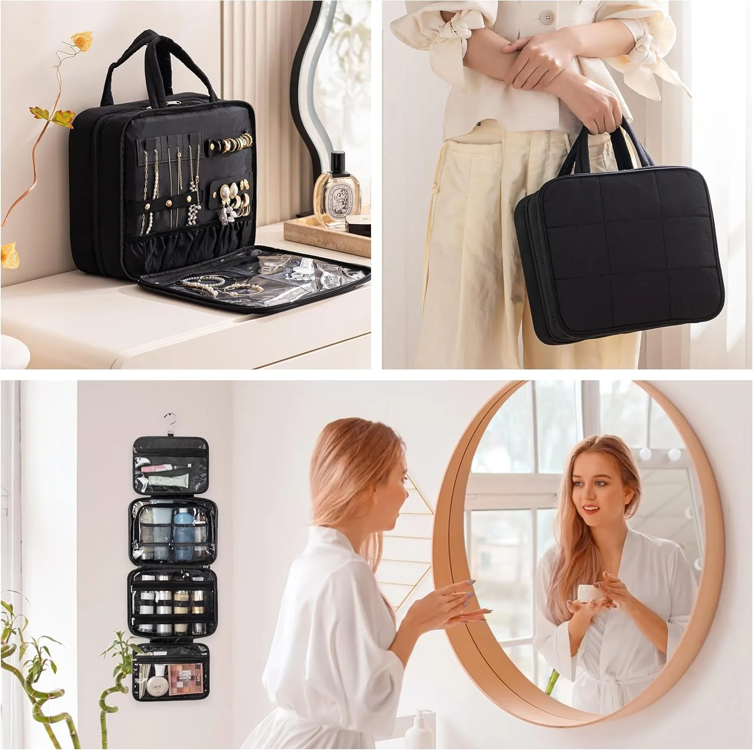 HBlife Travel Toiletry Bag with Jewelry Organizer for Women, Puffy Hanging Travel Bag for Toiletries with Trolley Belt, Waterproof Makeup Cosmetic Bag, Travel Accessories Essentials(Black, M)