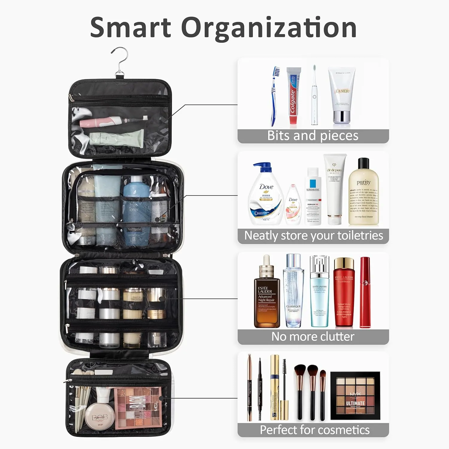HBlife Travel Toiletry Bag with Jewelry Organizer for Women, Puffy Hanging Travel Bag for Toiletries with Trolley Belt, Waterproof Makeup Cosmetic Bag, Travel Accessories Essentials(Black, M)