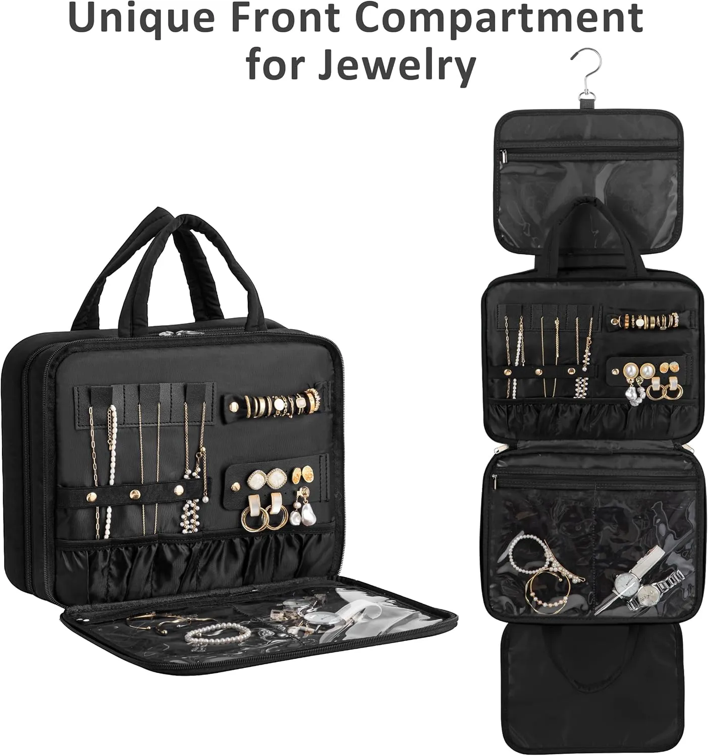 HBlife Travel Toiletry Bag with Jewelry Organizer for Women, Puffy Hanging Travel Bag for Toiletries with Trolley Belt, Waterproof Makeup Cosmetic Bag, Travel Accessories Essentials(Black, M)