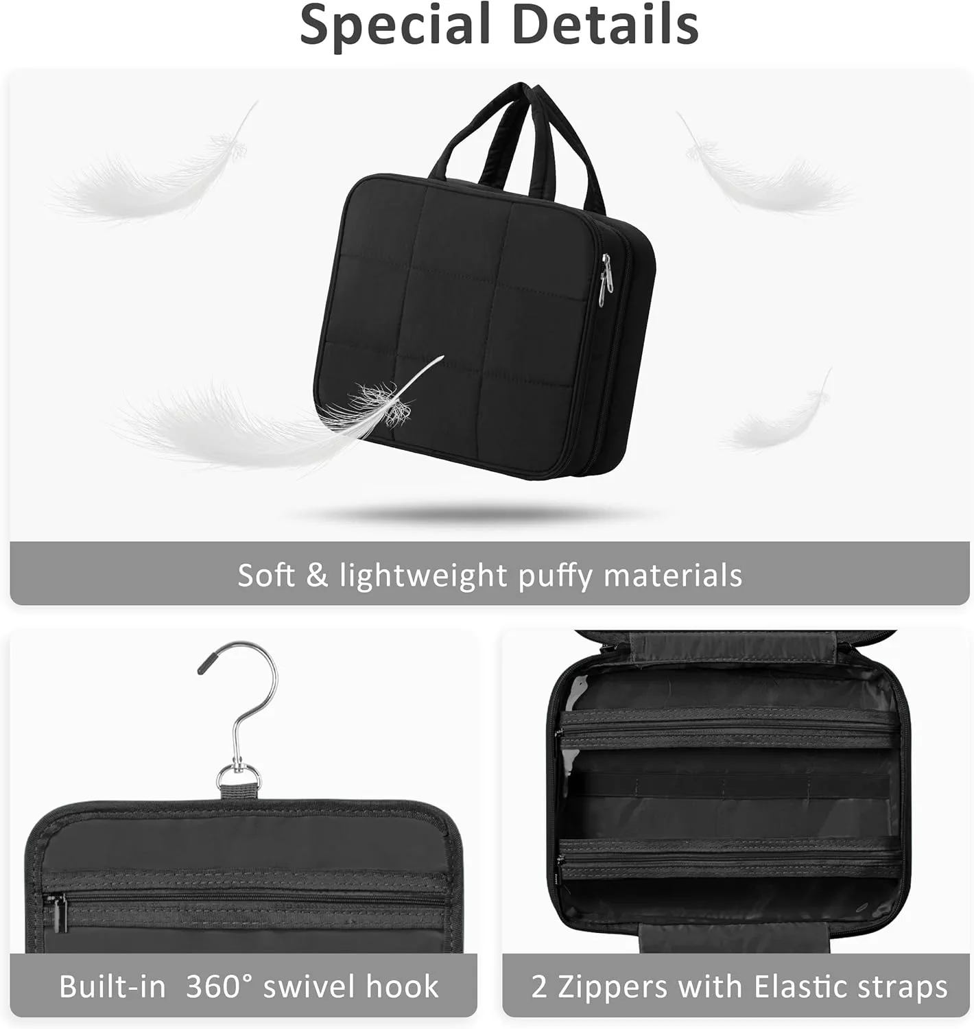 HBlife Travel Toiletry Bag with Jewelry Organizer for Women, Puffy Hanging Travel Bag for Toiletries with Trolley Belt, Waterproof Makeup Cosmetic Bag, Travel Accessories Essentials(Black, M)