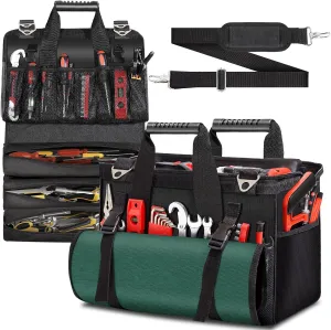 Heavy Duty Tool Bag 17-Inch, 27-Pocket Tool Tote with Tool Roll Bag & Adjustable Shoulder Strap, Large Portable Tool Bags Organizer and Storage for Men Women, Birthday Father's Day Gifts for Dad