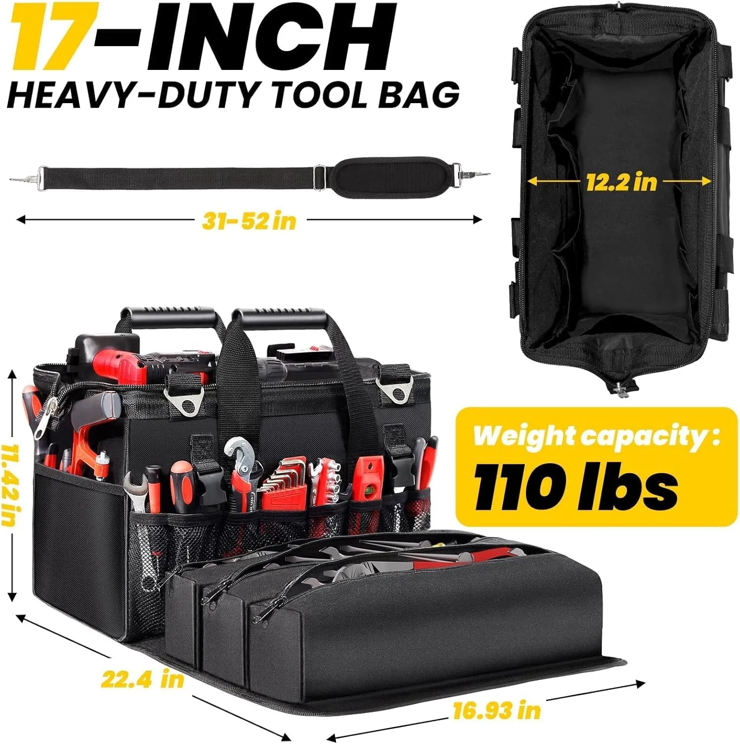 Heavy Duty Tool Bag 17-Inch, 27-Pocket Tool Tote with Tool Roll Bag & Adjustable Shoulder Strap, Large Portable Tool Bags Organizer and Storage for Men Women, Birthday Father's Day Gifts for Dad