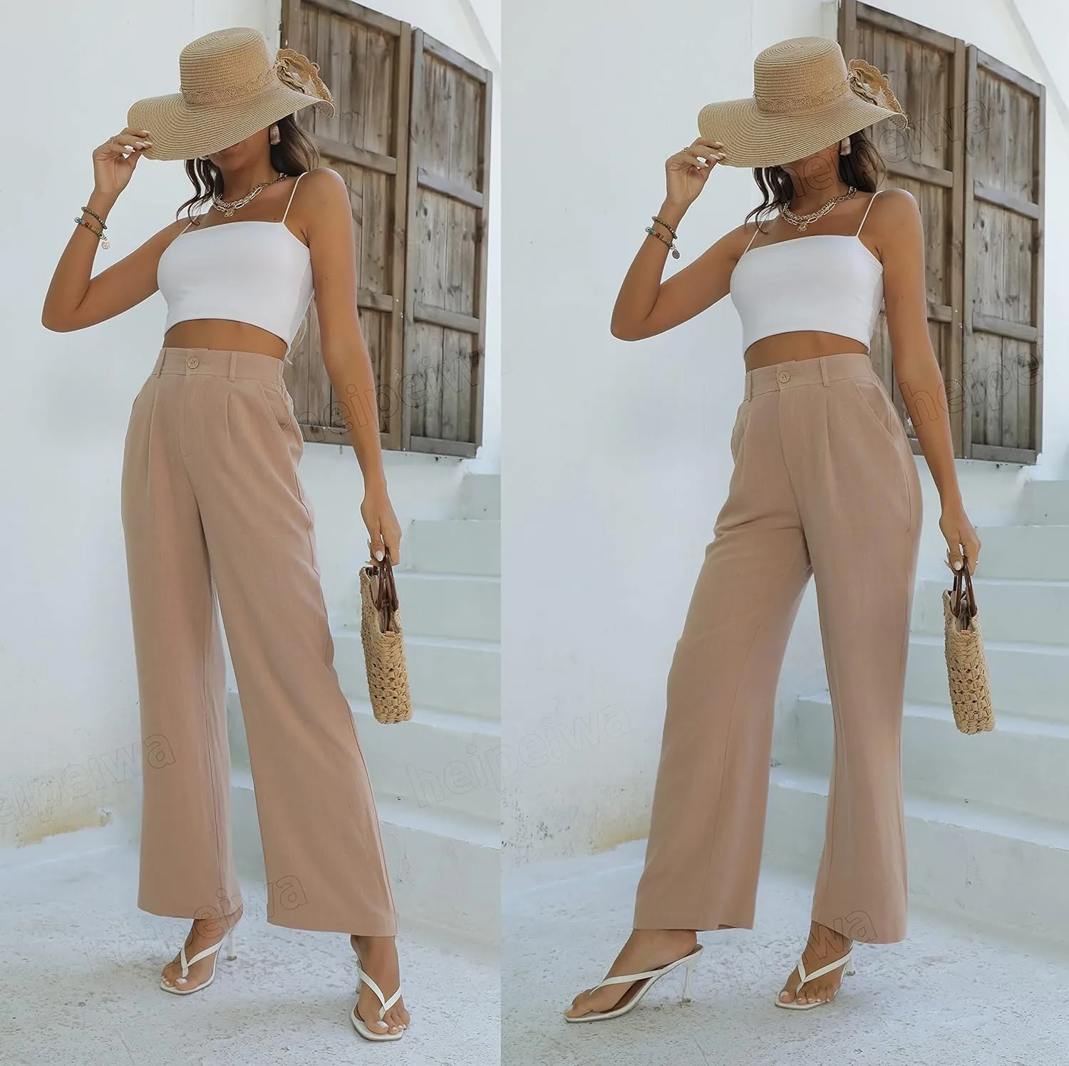 heipeiwa Women's Linen Casual High Waist Wide Leg Straight Dress Cotton Linen Pants Button Trousers