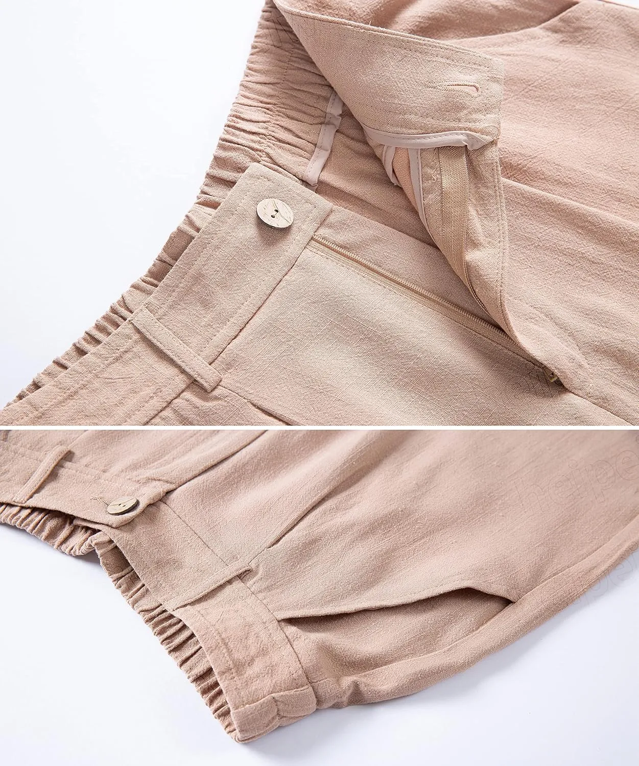heipeiwa Women's Linen Casual High Waist Wide Leg Straight Dress Cotton Linen Pants Button Trousers
