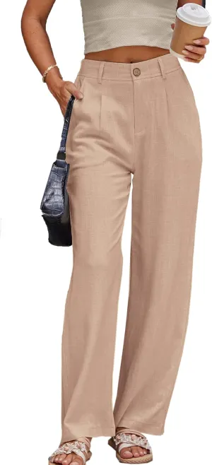 heipeiwa Women's Linen Casual High Waist Wide Leg Straight Dress Cotton Linen Pants Button Trousers