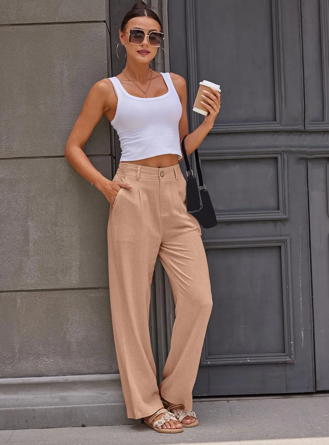 heipeiwa Women's Linen Casual High Waist Wide Leg Straight Dress Cotton Linen Pants Button Trousers