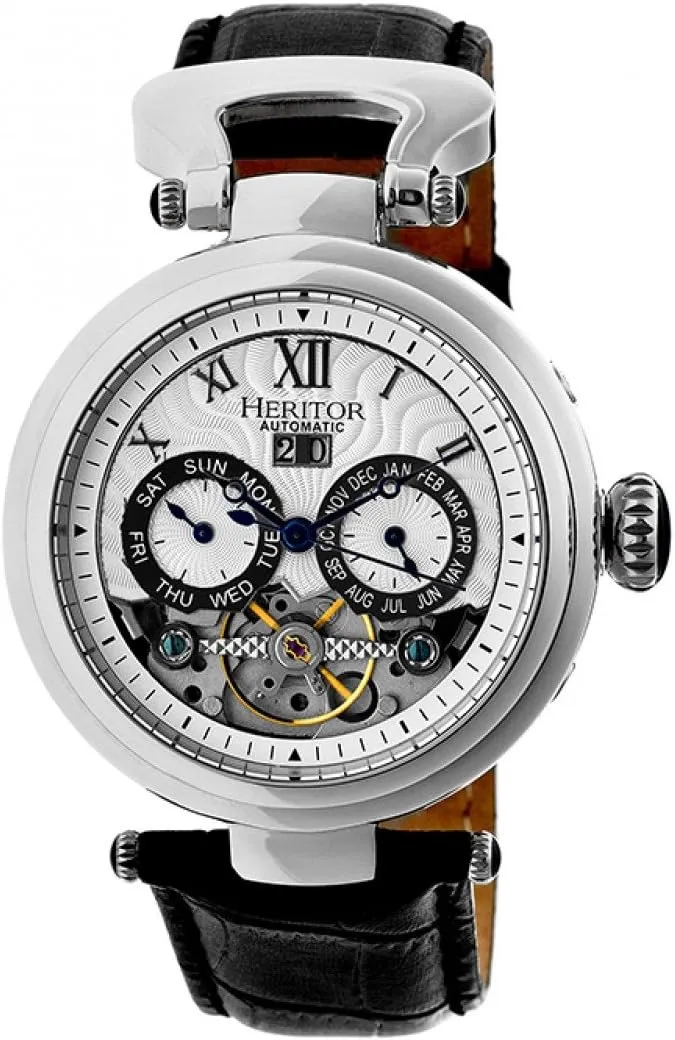 HERITOR Automatic Ganzi Semi-Skeleton Leather-Band Watch - Silver