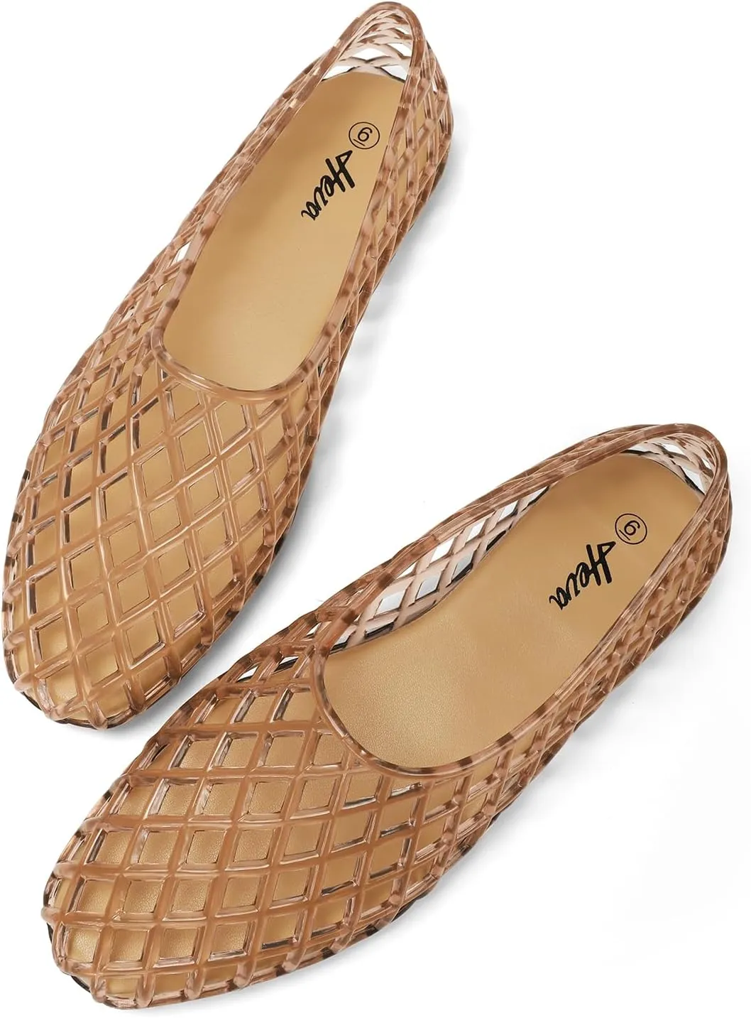 HEVA Women's Jelly Mesh Flats Breathable Clear Hollow Shoes Summer Beach Jellies Ballet Sandals