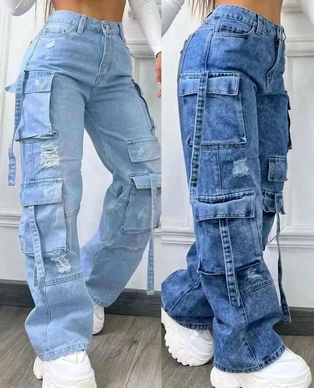 High-Waist Denim Trousers with Multi-Pockets