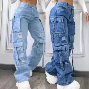 High-Waist Denim Trousers with Multi-Pockets