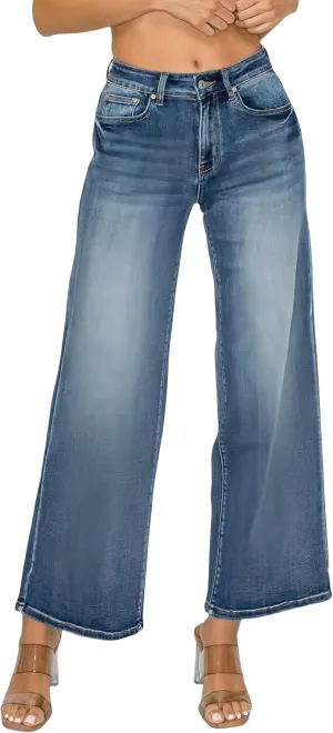 High Waist Stretchy Wide Leg Jeans for Women Plus Size Washed Blue Denim Pants Raw Hem Casual Outing